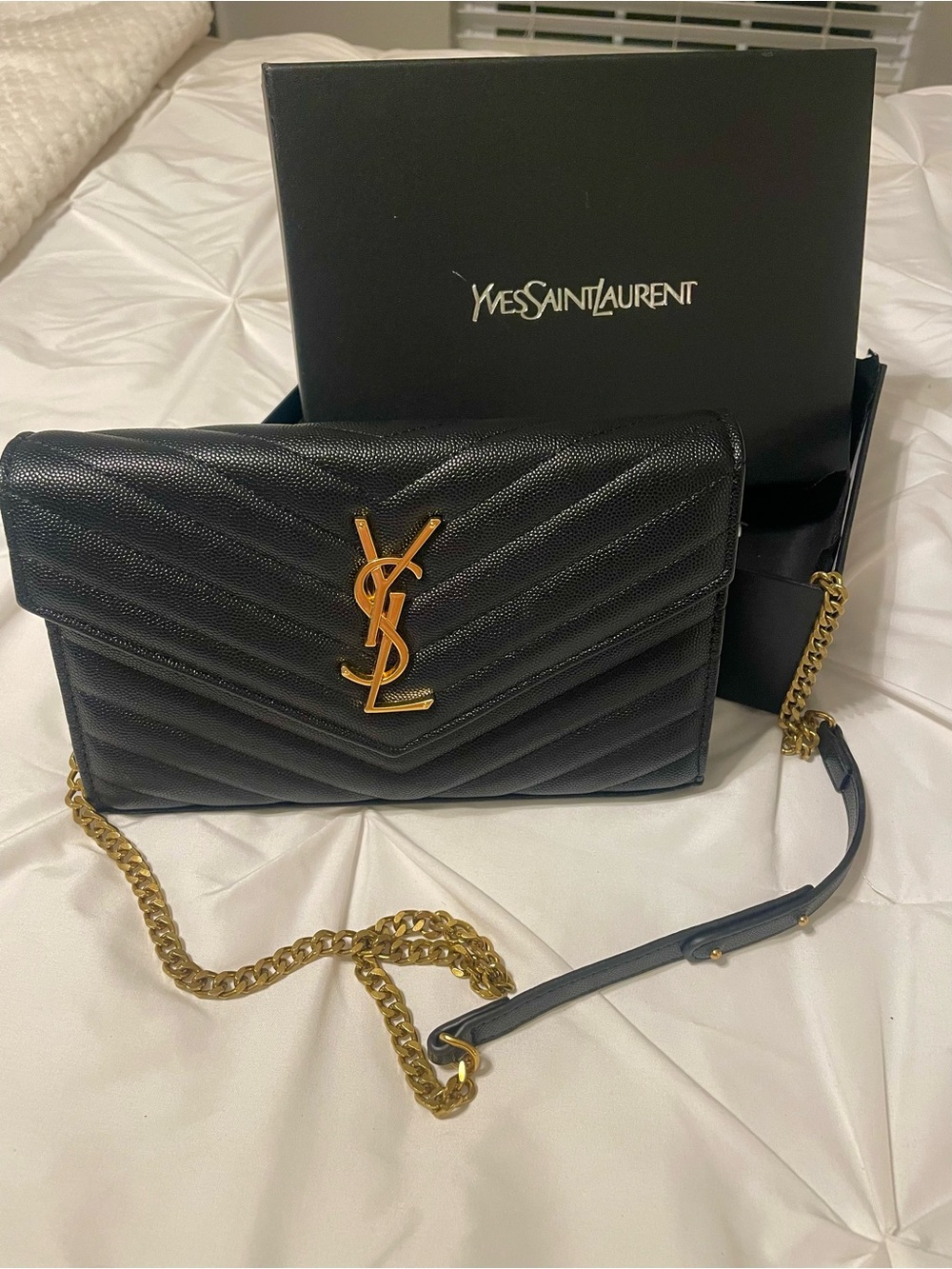 Saint Laurent Black Quilted Leather Chain Crossbody with Gold YSL Emblem